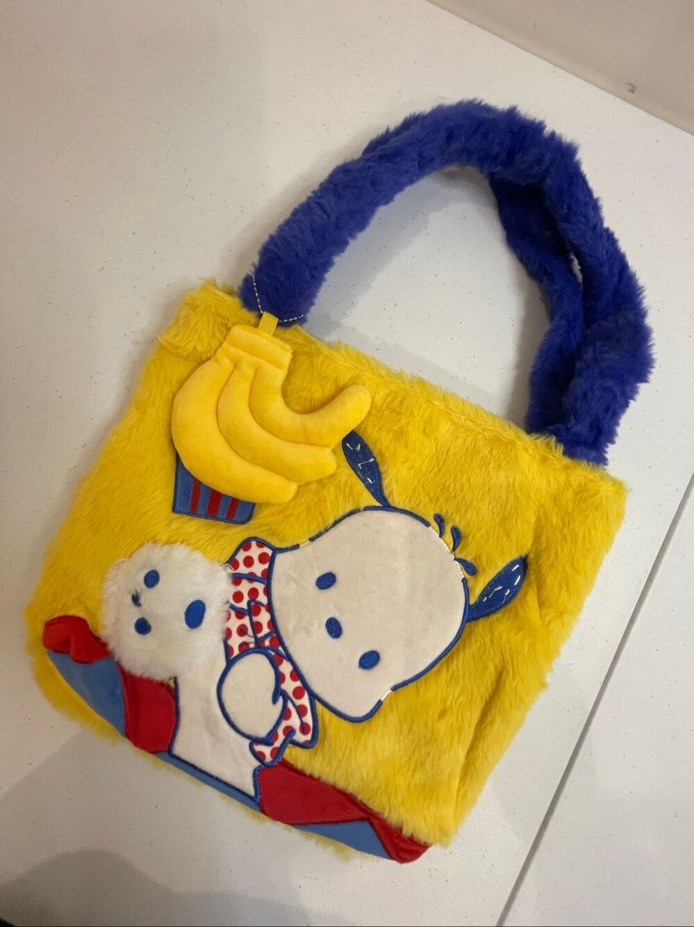 Sanrio Pochacco x Dairy Queen DQ Fluffy Plush Handbag Purse Yellow Blue NWOT